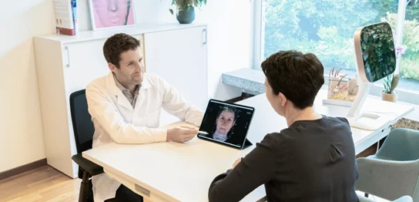 doctor mostrando resultados de diagnostico de imagen con Aura en una clinica estética