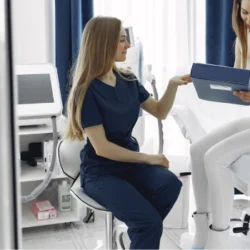 Mujer con un médica en una clinica de medicina estetica