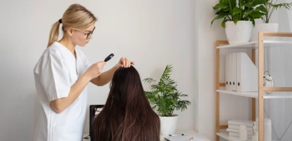 doctora con lupa viendo el pelo en una clinica capilar
