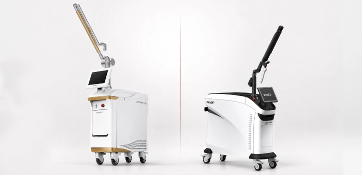 Helios 785 Pico o Picolo Premium: cuál es el láser de picosegundos que necesita tu clínica 1 Comparativa visual entre dos equipos láser de picosegundos: Helios IV a la izquierda y Picolo Premium a la derecha, ambos sobre fondo blanco.