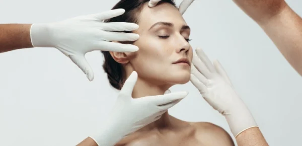 Mujer con los ojos cerrados mientras varias manos con guantes médicos examinan y tocan su rostro en un tratamiento estético facial.