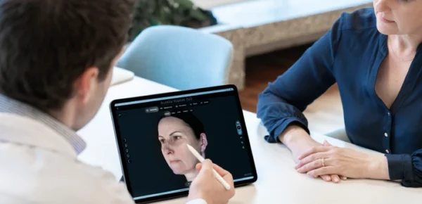 Profesional realizando diagnóstico facial 3D en consulta antienvejecimiento con sistema Aura para analizar envejecimiento facial