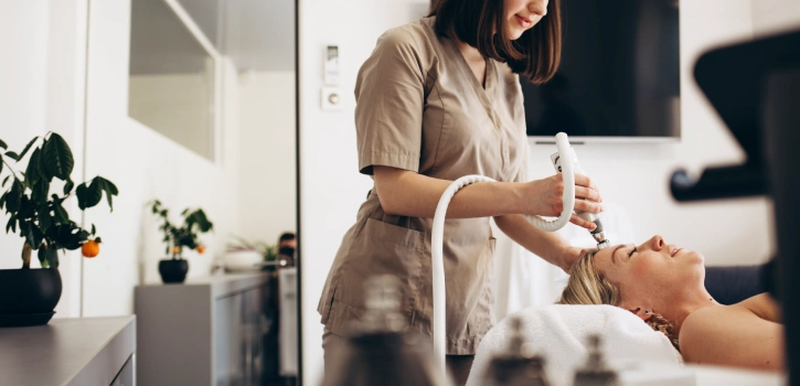 Cómo crear paquetes de tratamientos combinados para aumentar recurrencia y fidelización: guía y ejemplos 1 Esteticista realizando un tratamiento facial a una mujer recostada en una camilla en una clinica estética