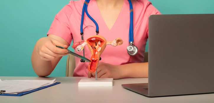 Ginecóloga explicando el protocolo de rejuvenecimiento vaginal mediante un modelo anatómico del aparato reproductor femenino en consulta médica