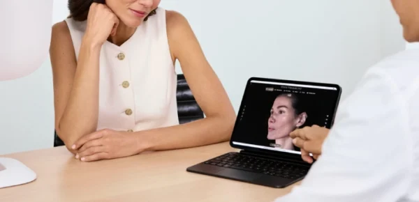 Paciente en consulta observando un escáner facial 3D en una tablet junto a un especialista