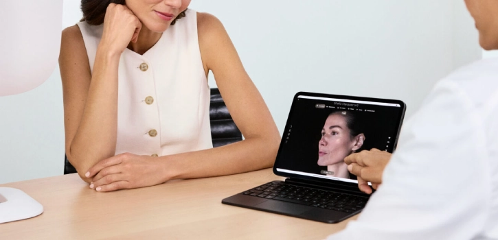 ¿Para qué tipo de clínica tiene sentido un escáner de análisis facial 3D? 1 Paciente en consulta observando un escáner facial 3D en una tablet junto a un especialista